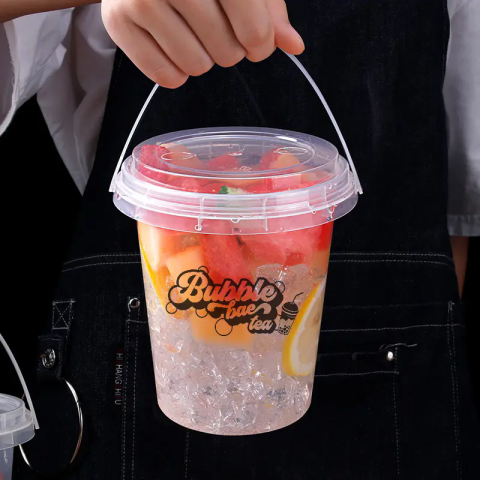 Plastic Fruits Barrel Takeaway Clear Bucket Cups With Lid and Handle