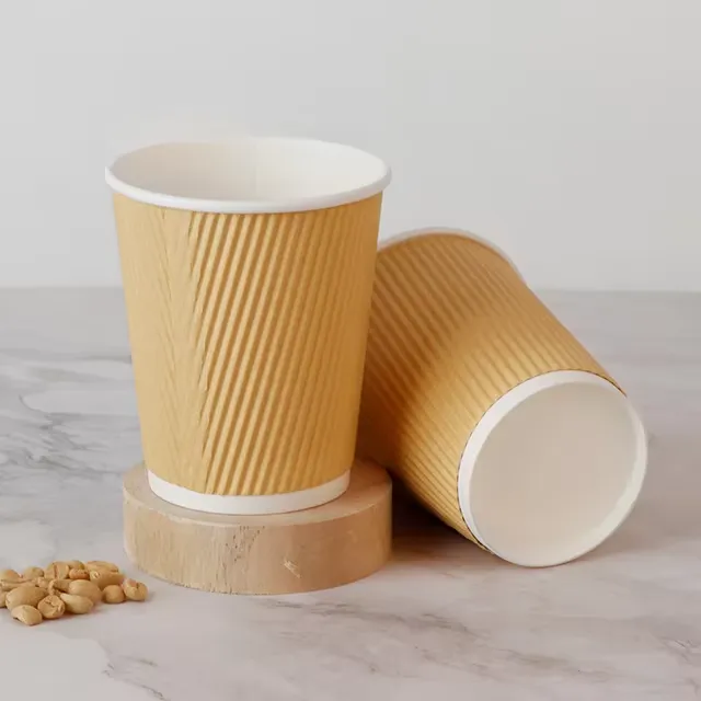 Cốc cà phê tùy chỉnh bằng giấy Kraft màu nâu dùng một lần thân thiện với môi trường 8 oz 12 oz 16oz 20oz Cốc cà phê tường gợn sóng có nắp