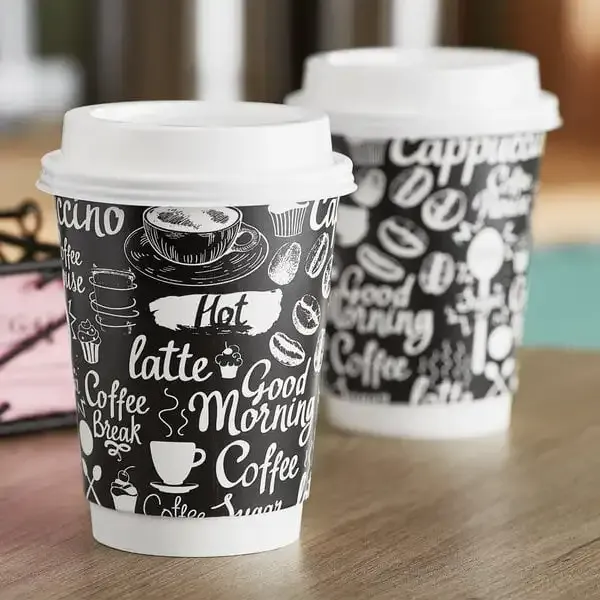 XYJ 12 oz Embossed Wall Disposable Coffee Paper Cup with Lid for Hot Drink