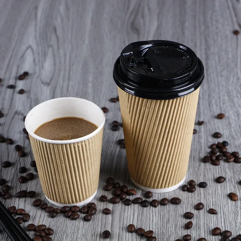 Black printing ink corrugated disposable ripple wall coffee paper cup with lids