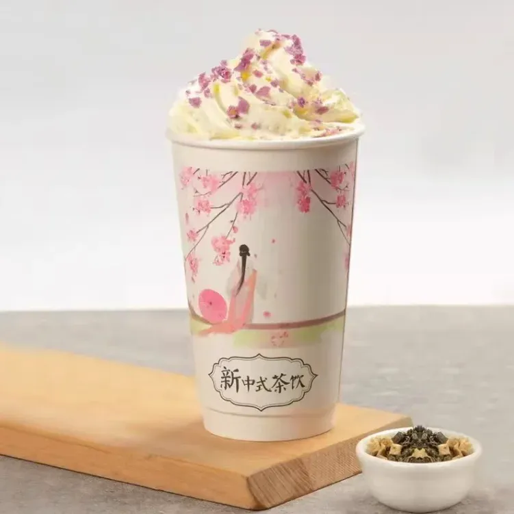 Takeaway fancy Chinese style double wall Paper Cup with Lid for milkshake desserts