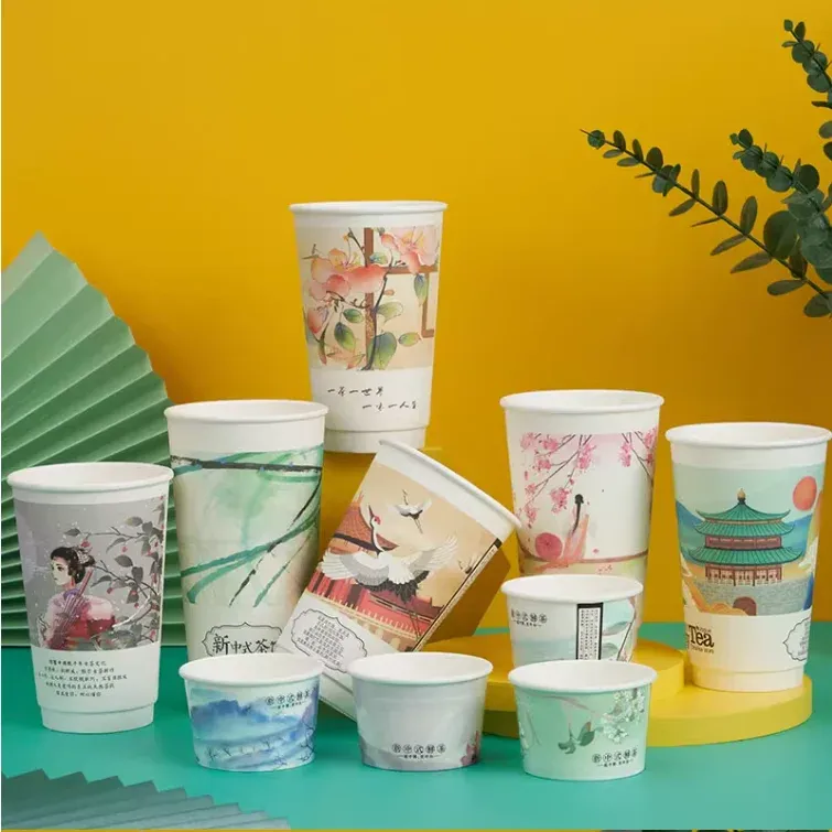 Takeaway fancy Chinese style double wall Paper Cup with Lid for milkshake desserts