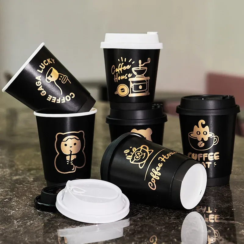 Eco-Friendly Double Wall Disposable Paper Cups with Gold Printing for Beverages