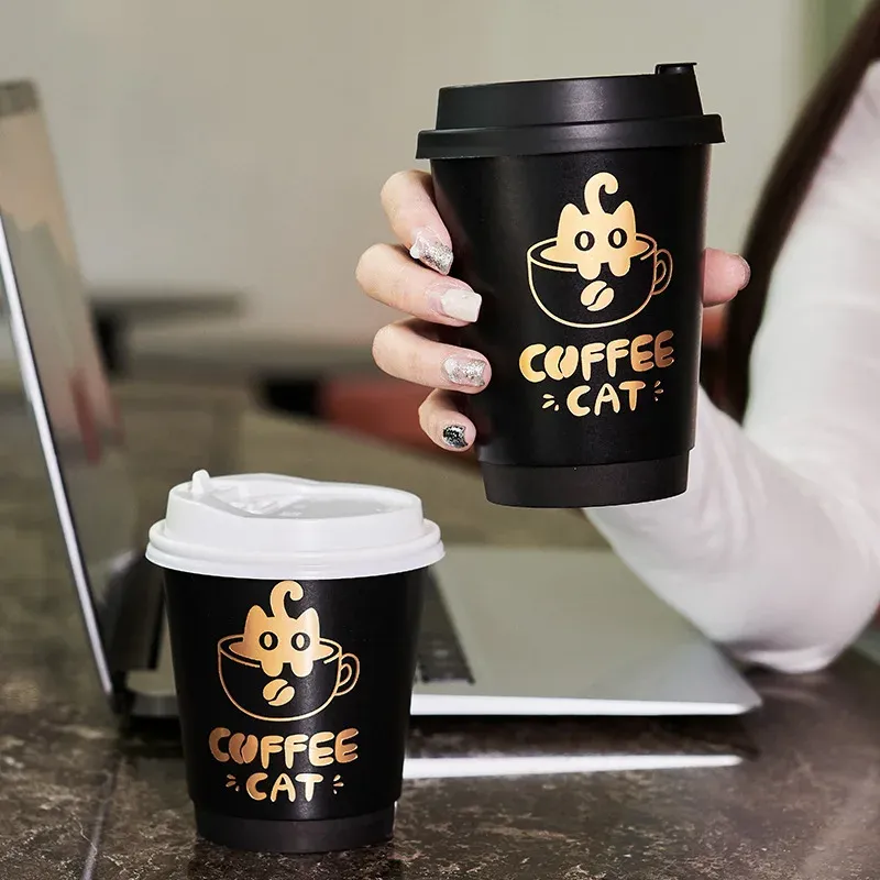 Eco-Friendly Double Wall Disposable Paper Cups with Gold Printing for Beverages