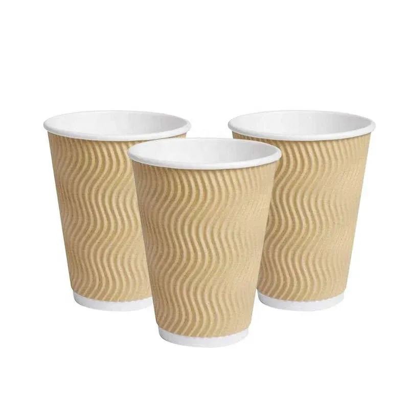 eco friendly custom Disposable ripple paper cups Hot Insulated Coffee Kraft Paper Cup With Lid
