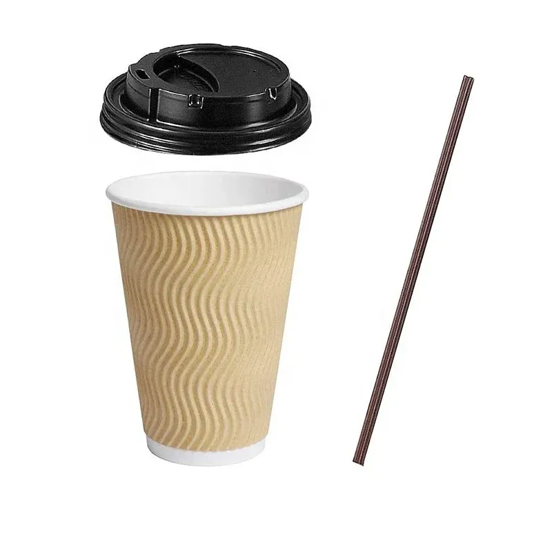 eco friendly custom Disposable ripple paper cups Hot Insulated Coffee Kraft Paper Cup With Lid