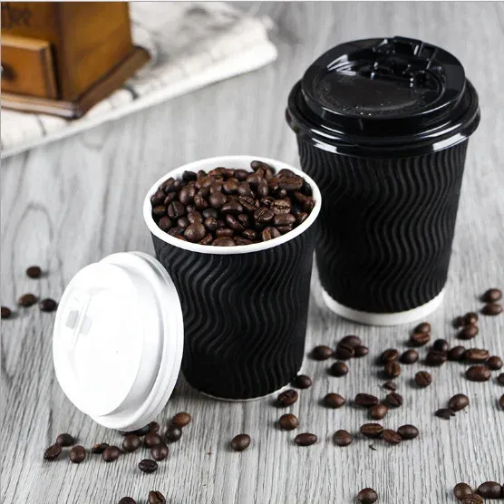eco friendly custom Disposable ripple paper cups Hot Insulated Coffee Kraft Paper Cup With Lid