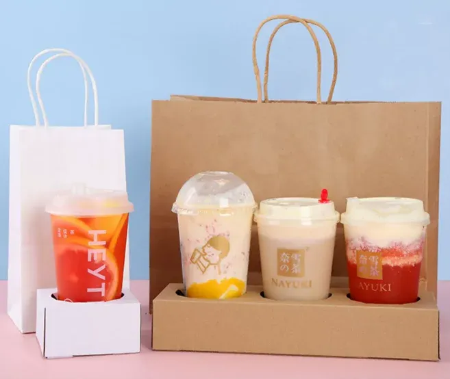 Carry Brown Paper Bags Takeaway bags For Two or Four Milk Tea Coffee Cups Baking Bags