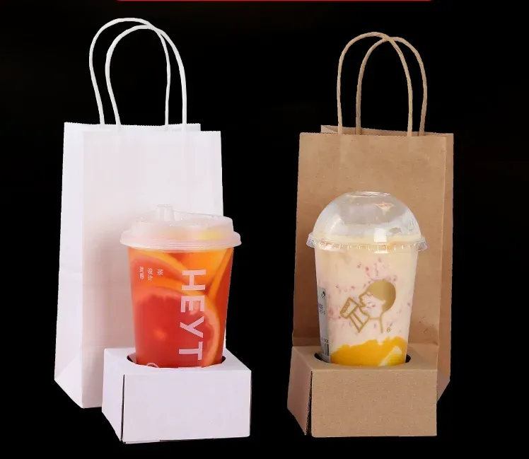 Carry Brown Paper Bags Takeaway bags For Two or Four Milk Tea Coffee Cups Baking Bags