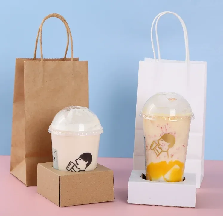 Carry Brown Paper Bags Takeaway bags For Two or Four Milk Tea Coffee Cups Baking Bags