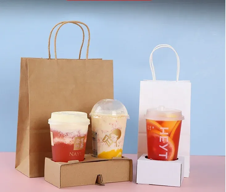 Carry Brown Paper Bags Takeaway bags For Two or Four Milk Tea Coffee Cups Baking Bags