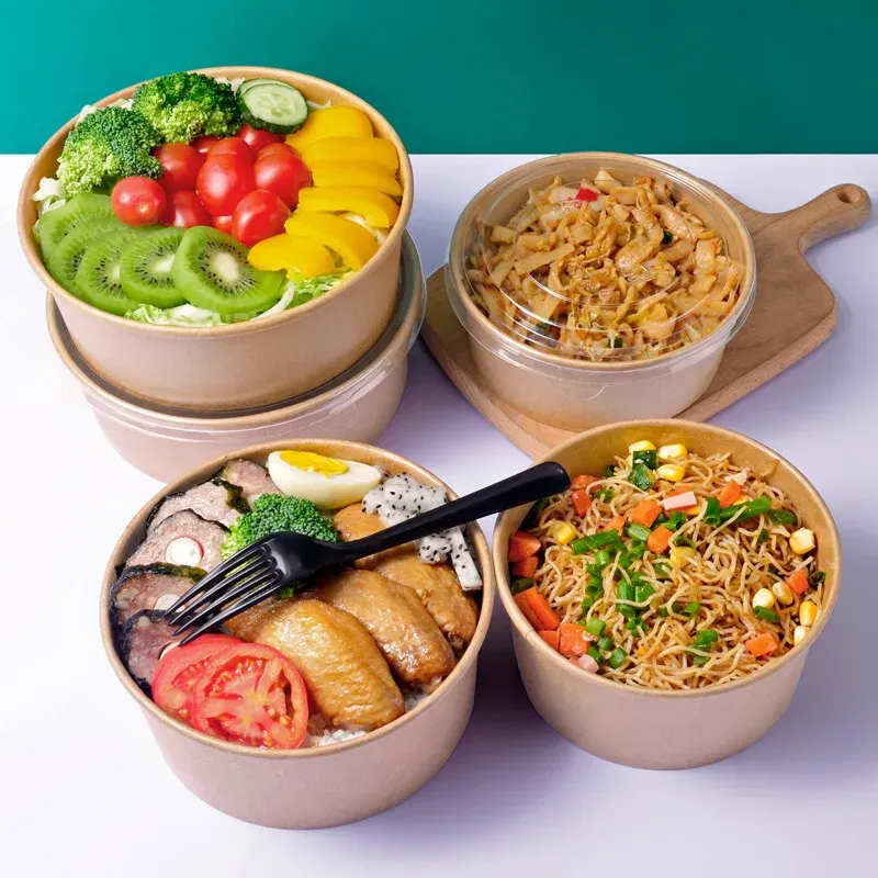 Eco-friendly Take Away Paper Food Container Bowl Disposable Paper Fruit Kraft Paper Salad Bowl