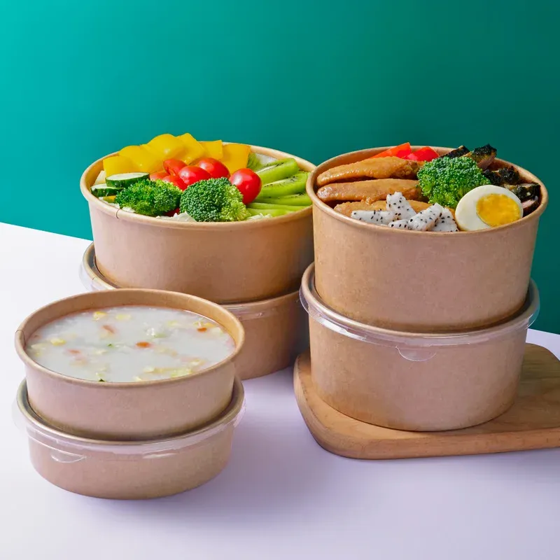 Eco-friendly Take Away Paper Food Container Bowl Disposable Paper Fruit Kraft Paper Salad Bowl