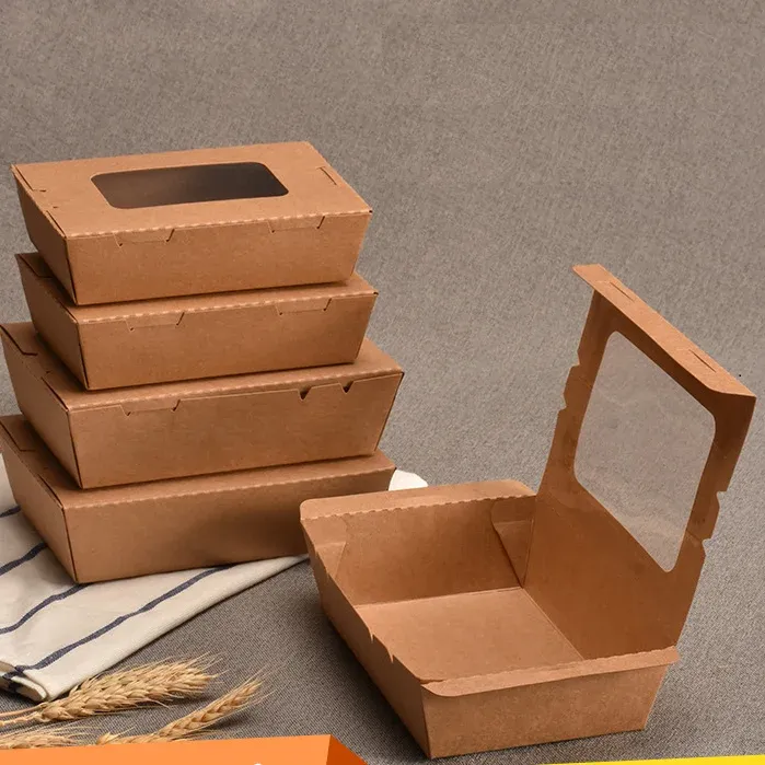 Wholesale Disposable Kraft Paper Takeaway Square bowl Food Take Out Paper Bowls