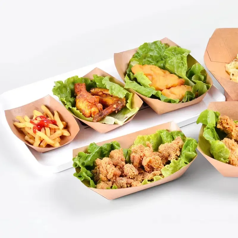 disposable Kraft Paper Serving Tray Boat Shape Bowl Snack French Fries Chicken Salad Bowls