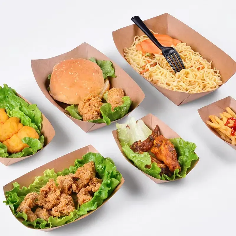 disposable Kraft Paper Serving Tray Boat Shape Bowl Snack French Fries Chicken Salad Bowls