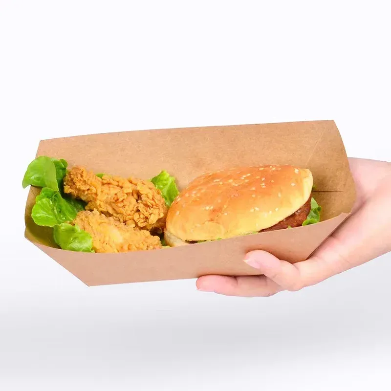 disposable Kraft Paper Serving Tray Boat Shape Bowl Snack French Fries Chicken Salad Bowls