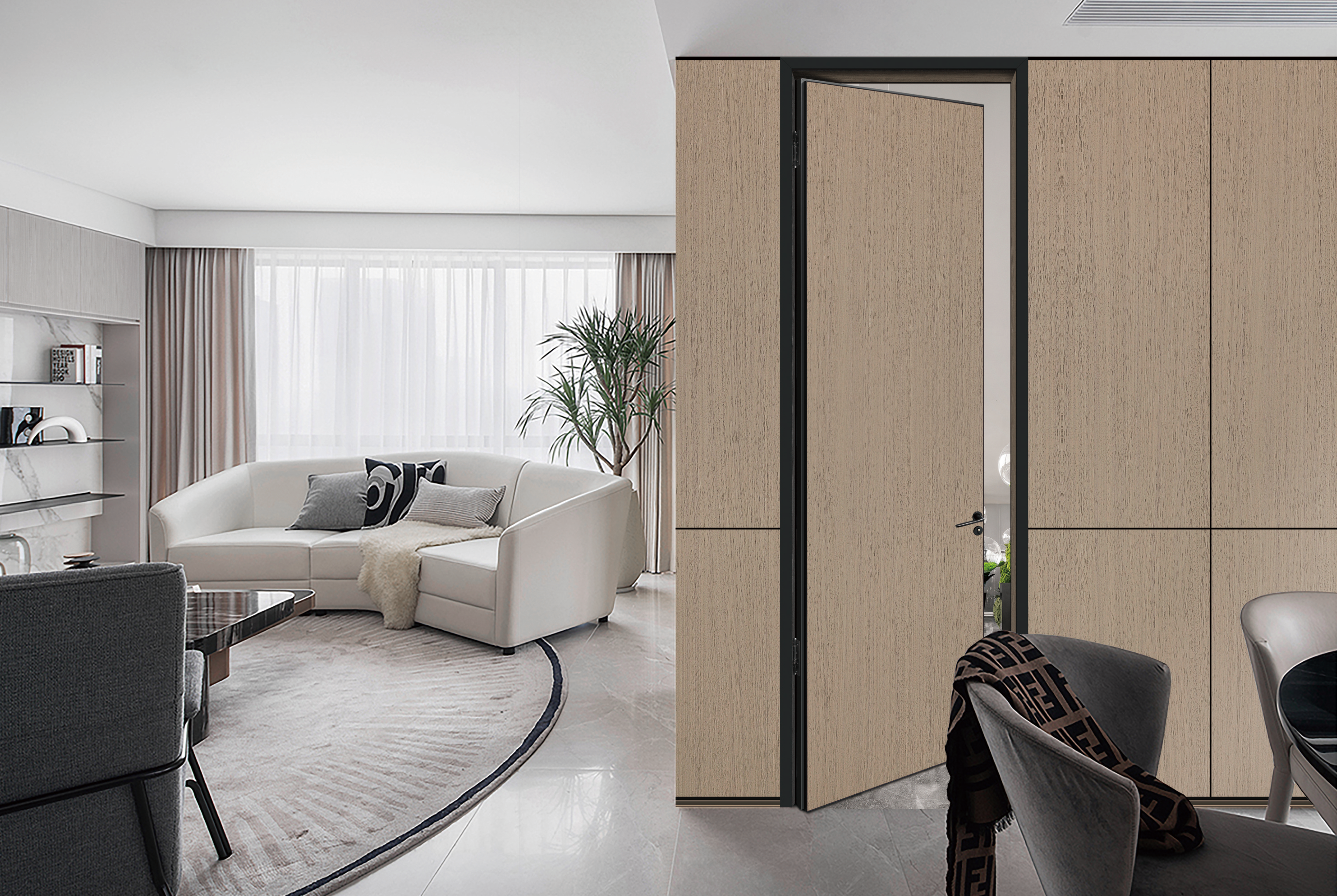 Inward-opening bedroom aluminium wood door with flush exterior