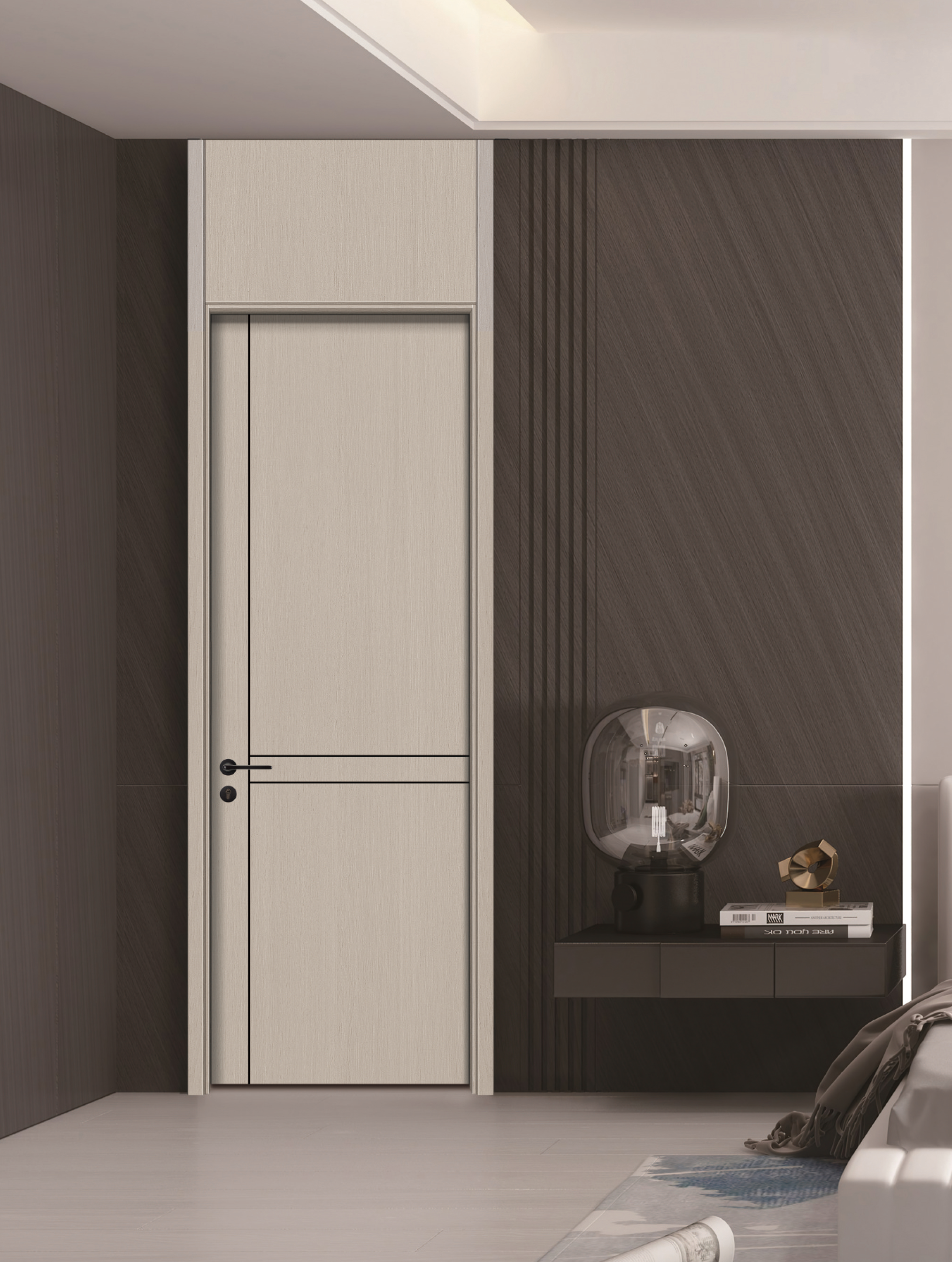 Aluminum strip accents timber doors for bedroom