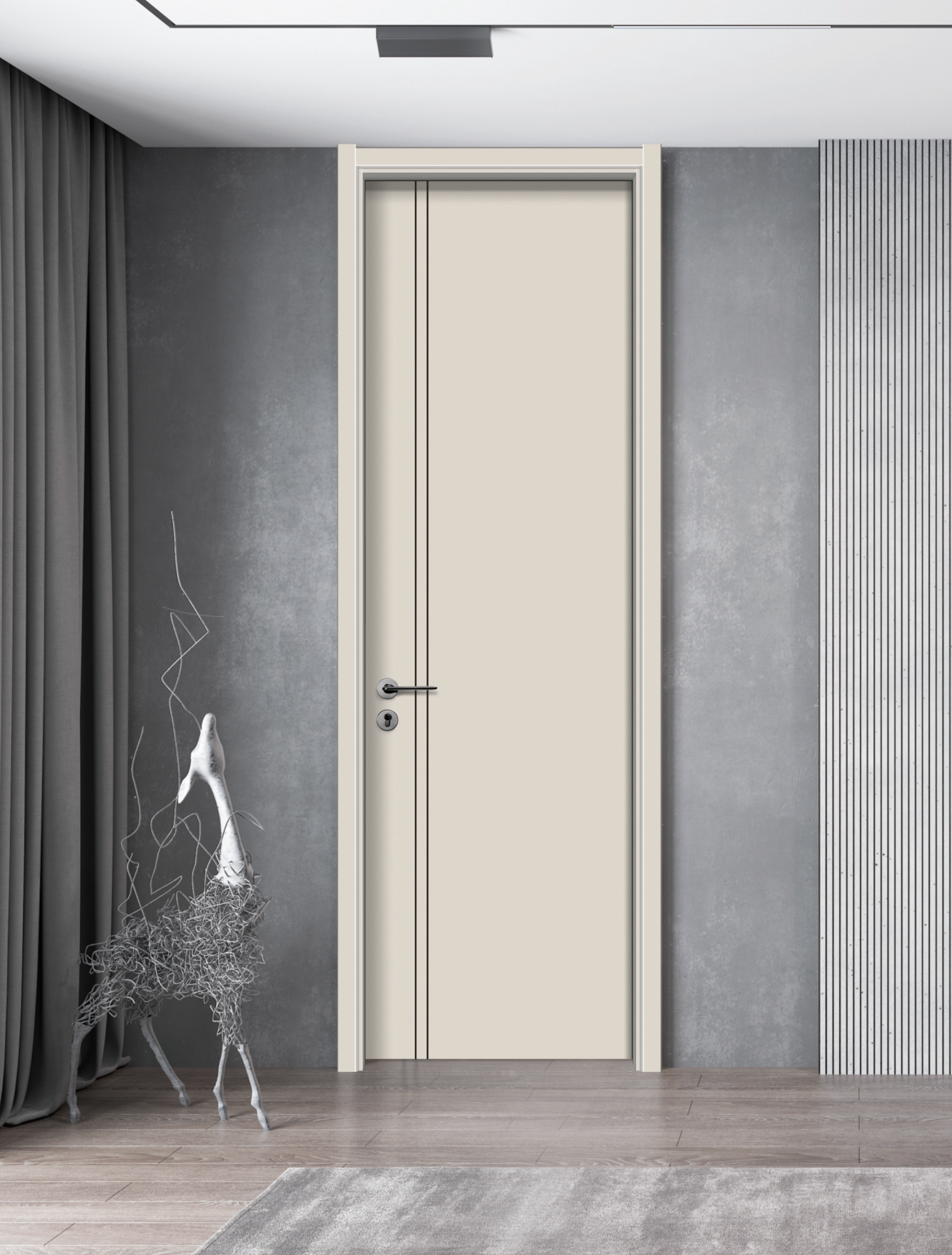 Aluminum strip accents timber doors for bedroom