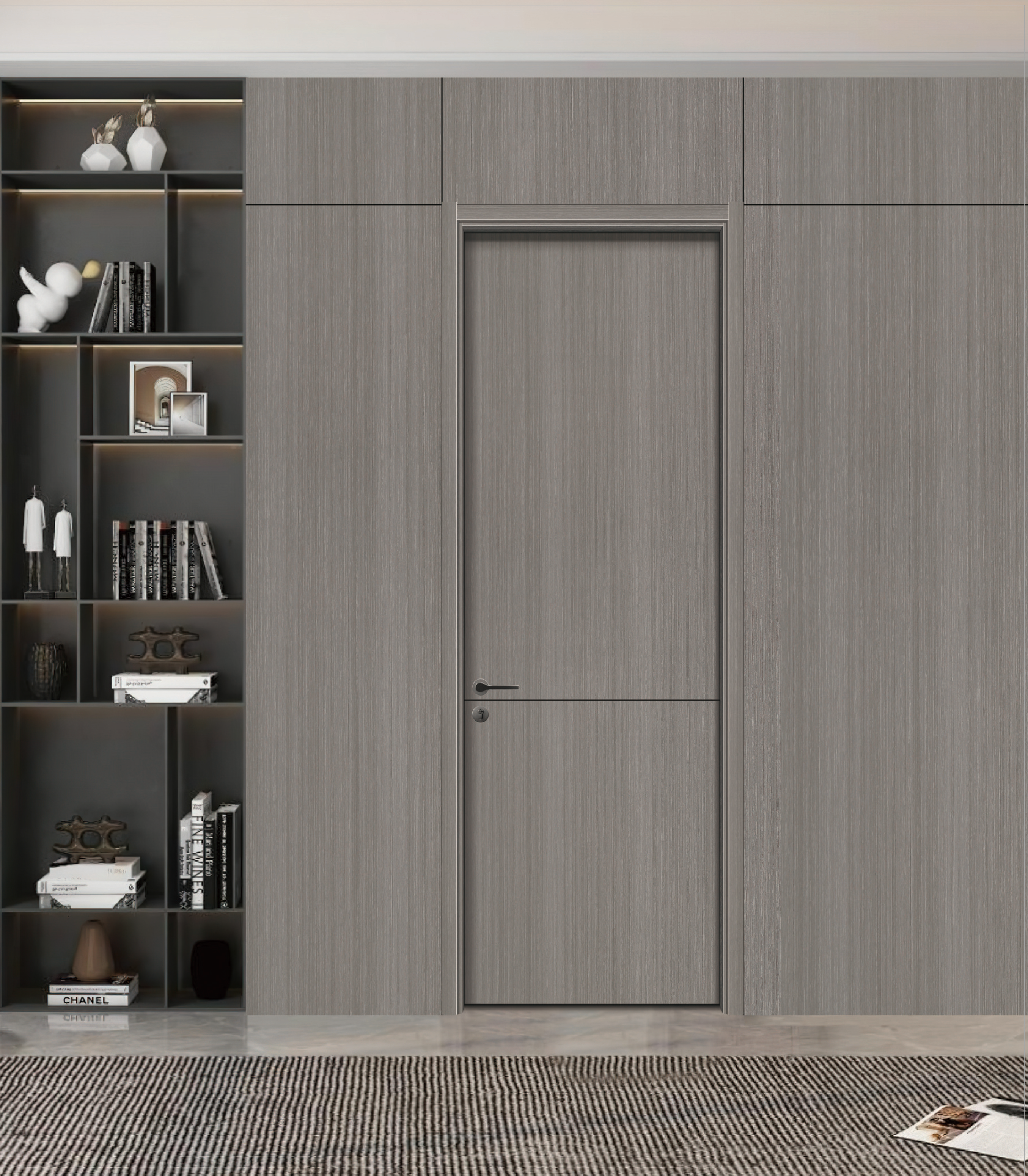 Aluminum strip accents timber doors for bedroom