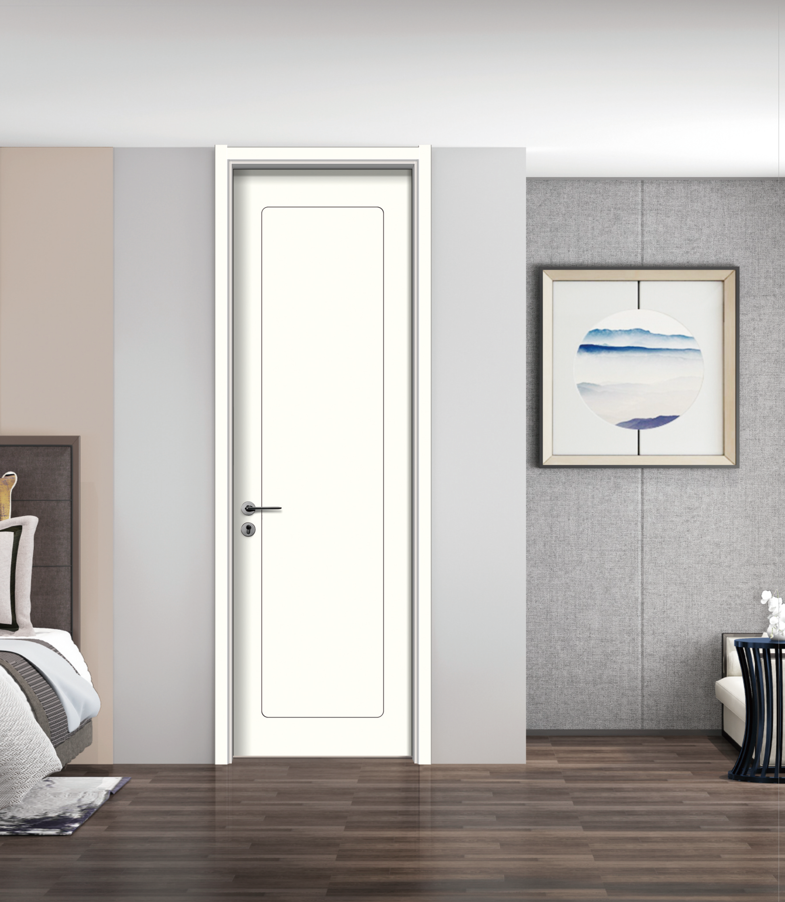 Stylish bedroom acoustic wooden door with carved lines