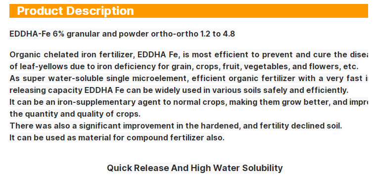 Fe EDDHA 6% Iron Chelate Fertilizer Fe EDDHA 6% Iron Chelate Fertilizer