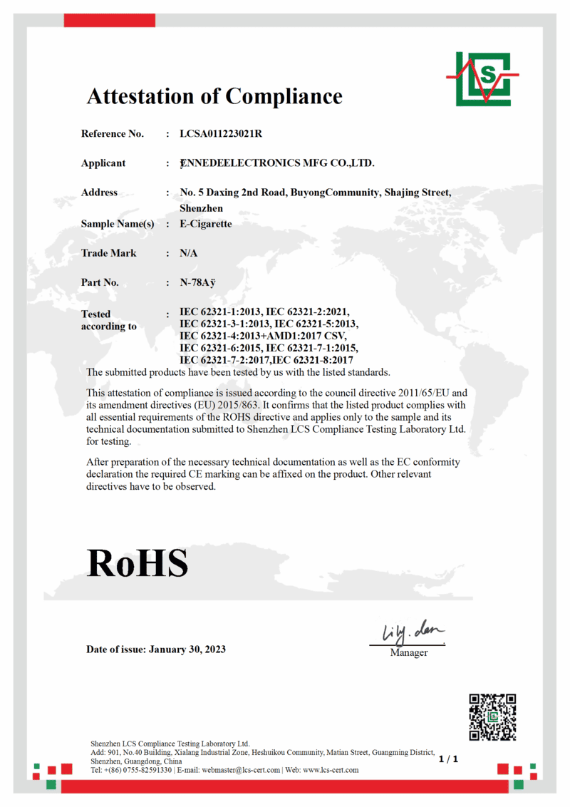 E-cigarette Compliance Certificate