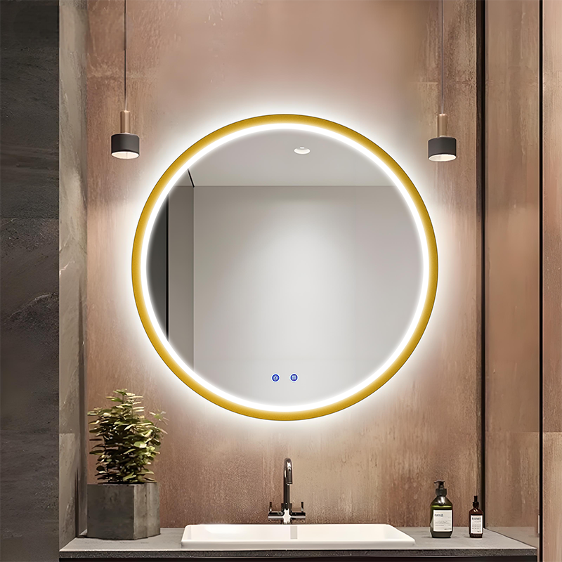 Gold Aluminum Frame Round Mirror With LED Light