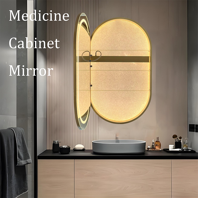 Wall Mounted Aluminum Alloy Oval Bathroom Mirror Cabinet