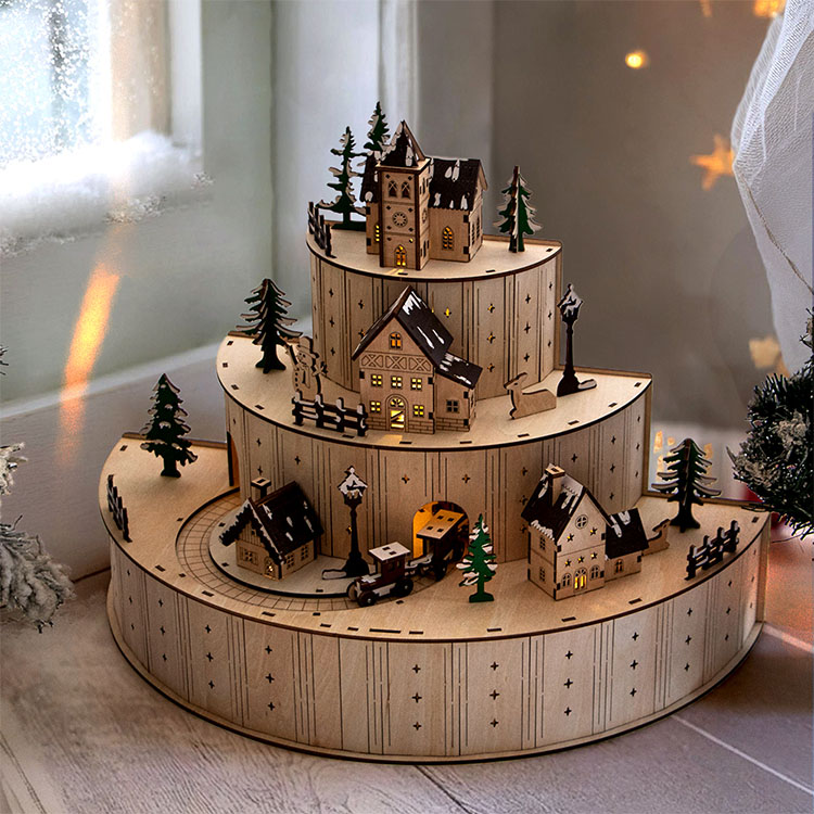 Plywood Christmas Village With Moving Train Laser Cut 3D Plywood Village Decor For Christmas