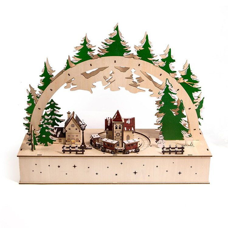 UV Printing Wood Christmas Village House With LED And Moving Train