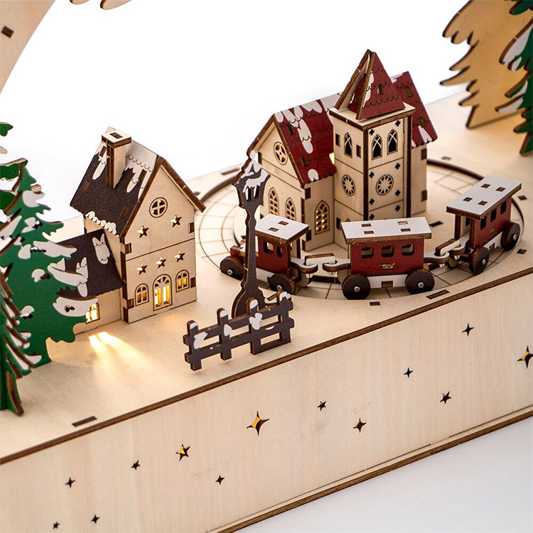 UV Printing Wood Christmas Village House With LED And Moving Train