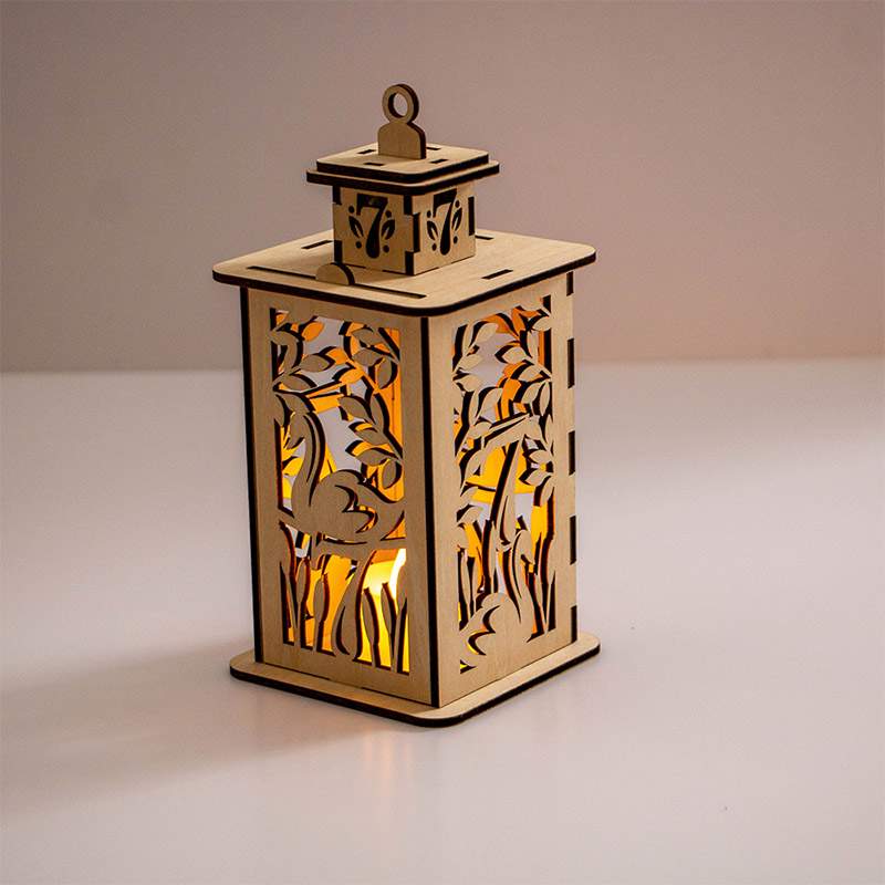 Environmentally friendly wooden Christmas lanterns decorated for sustainable Christmas holidays