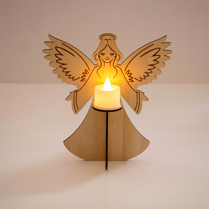Vintage style wooden angel candlesticks add a Christmas vibe to the wooden decor