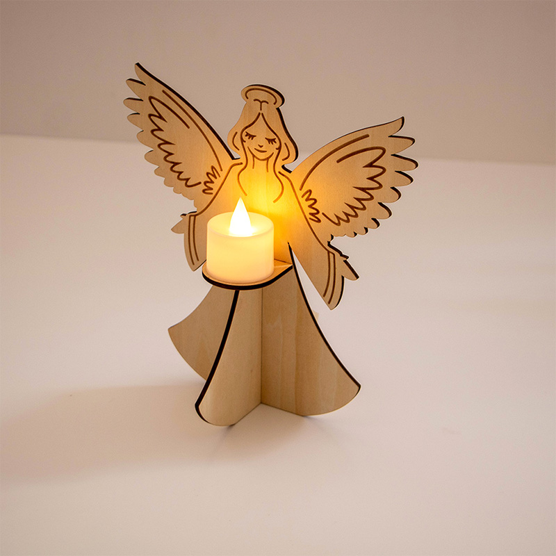 Vintage style wooden angel candlesticks add a Christmas vibe to the wooden decor