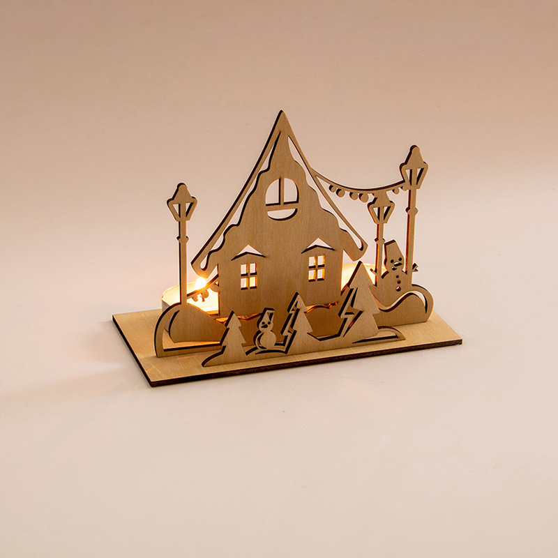 Factory Direct Christmas party decorated with Christmas-themed wooden candlesticks