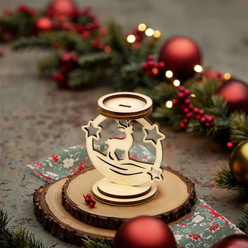Laser cut log candle holder for Christmas home wood decoration