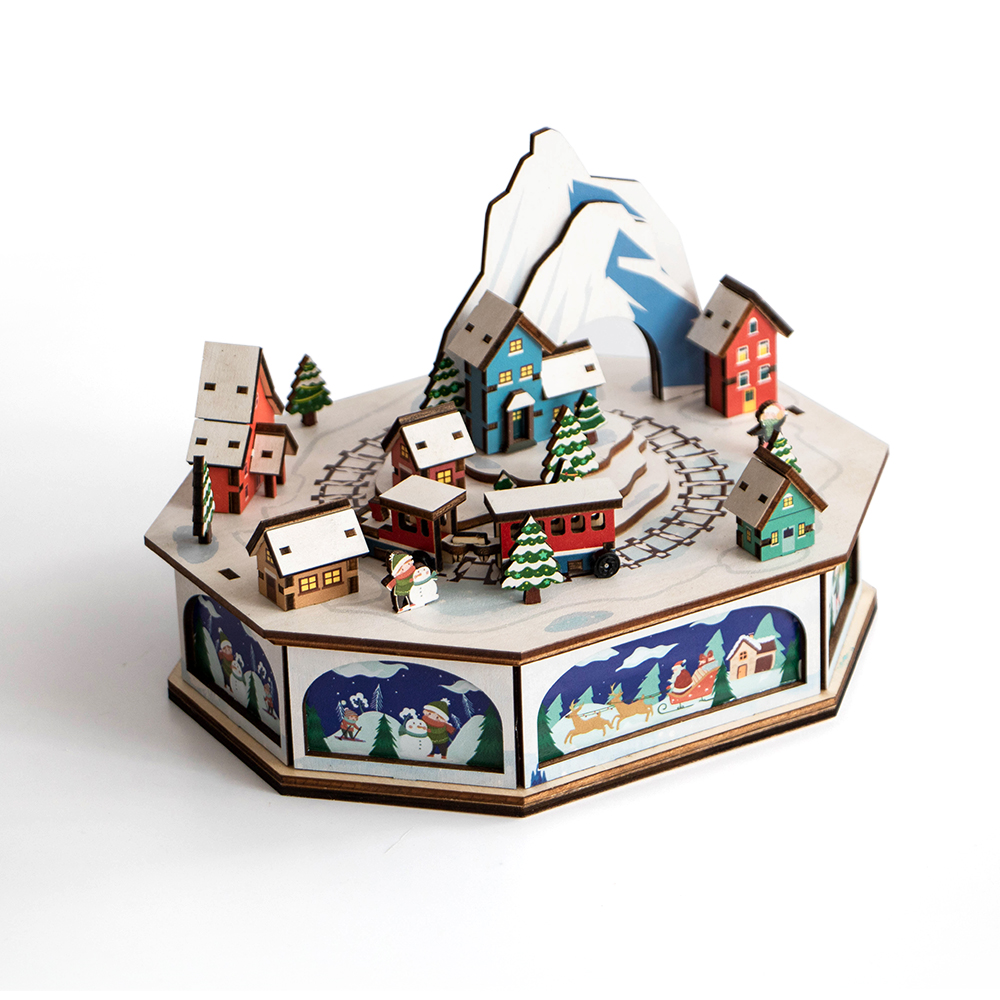 Laser-Cut Wooden Christmas Train with LED Lights Holiday Christmas Village Decor