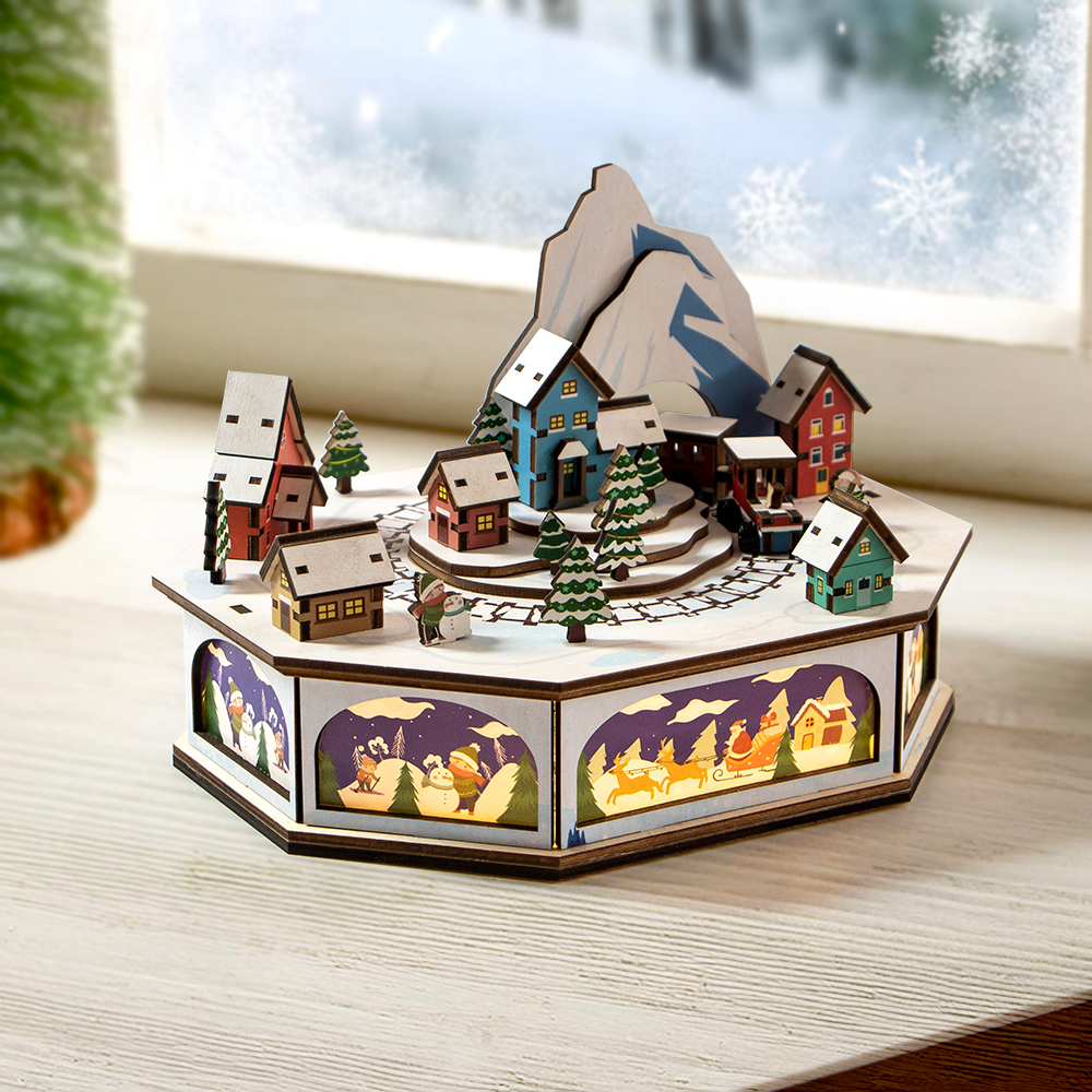 Laser-Cut Wooden Christmas Train with LED Lights Holiday Christmas Village Decor