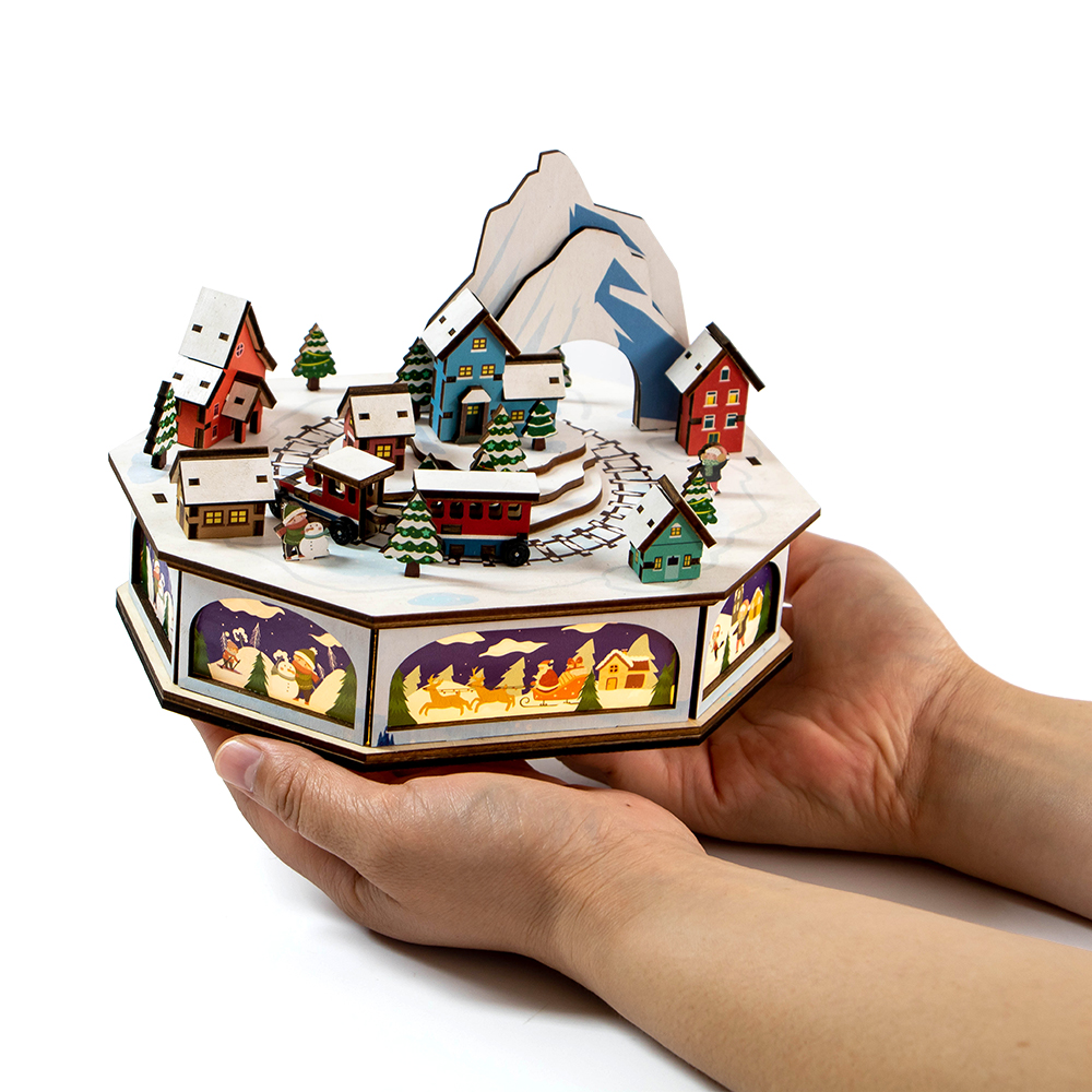 Laser-Cut Wooden Christmas Train with LED Lights Holiday Christmas Village Decor