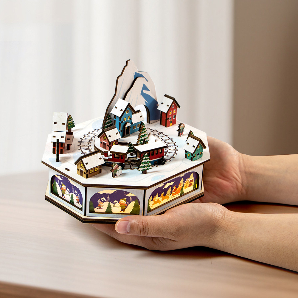 Laser-Cut Wooden Christmas Train with LED Lights Holiday Christmas Village Decor