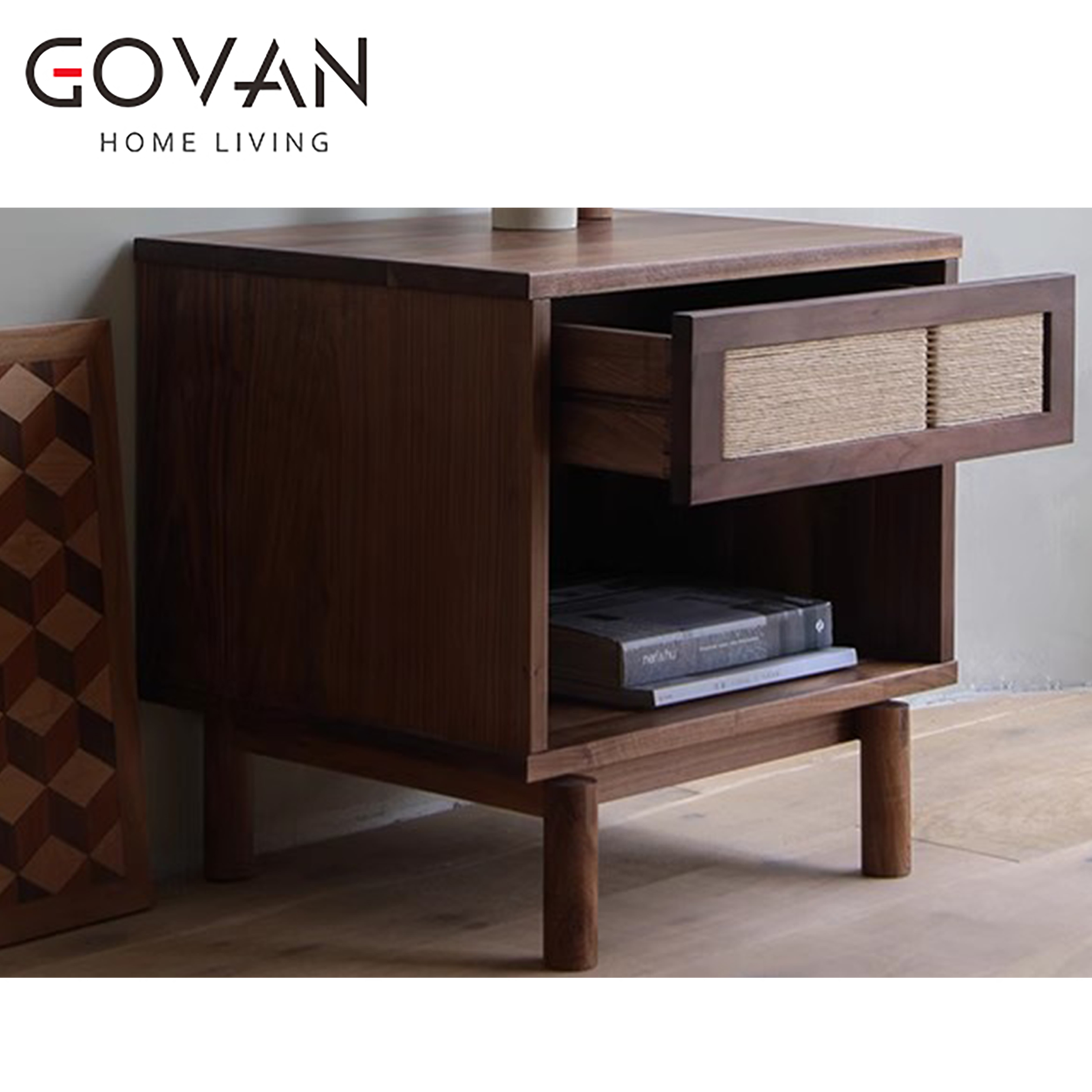 Wooden Furniture-Bedside Cupboard-Black Walnut Solid Wood Nightstand