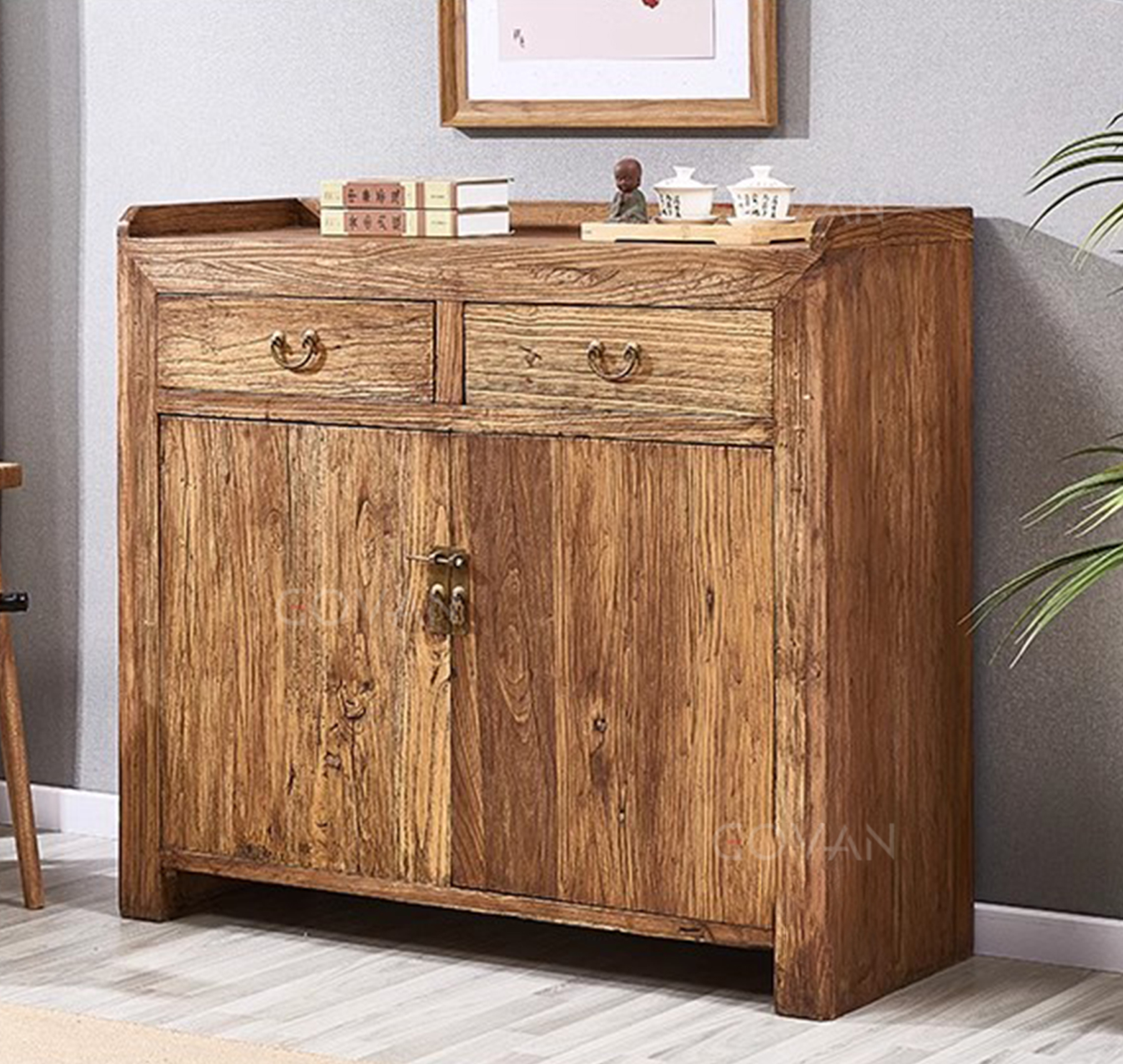 Wooden Furniture-Sideboard-Old Elm Double Door Double Bucket Side Cabinet