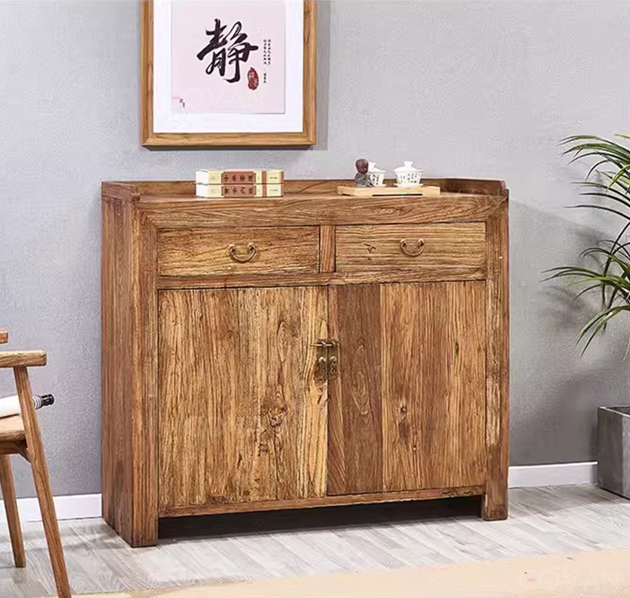 Wooden Furniture-Sideboard-Old Elm Double Door Double Bucket Side Cabinet