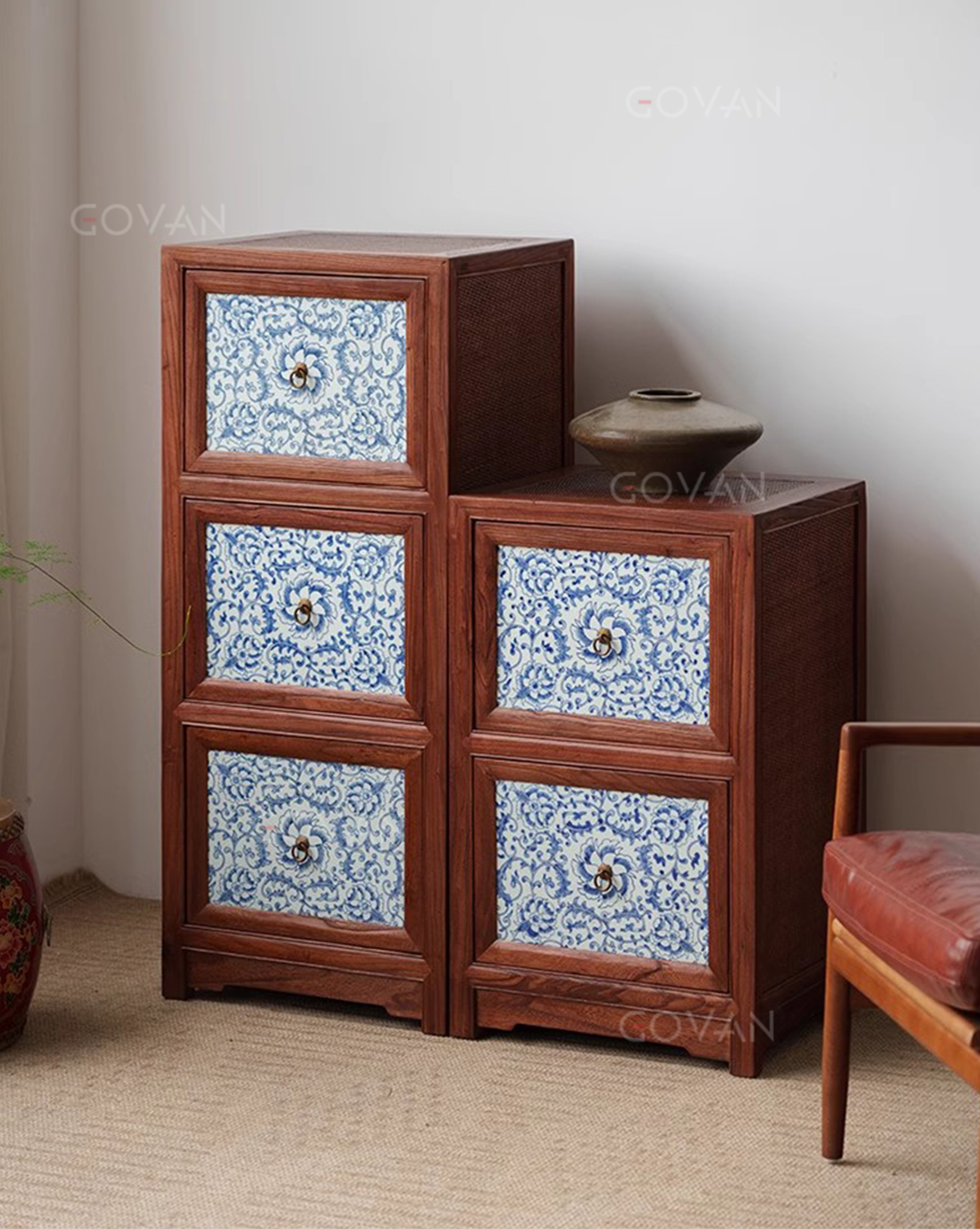 Wooden Furniture-Sideboard-Classic Blue And White Porcelain Cabinet