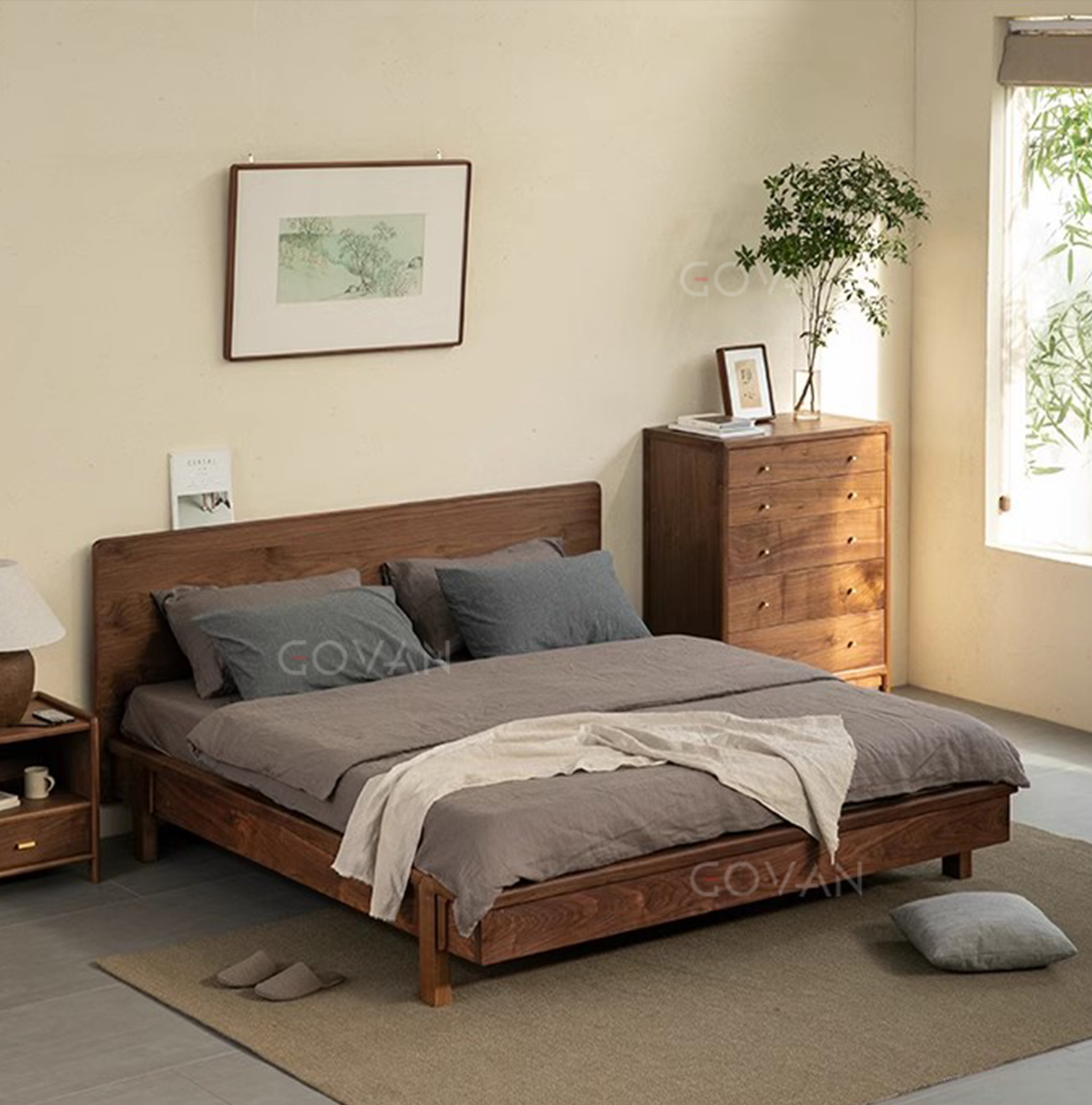 Wooden Furniture-Bed-New Chinese Black Walnut Solid Wood Bed