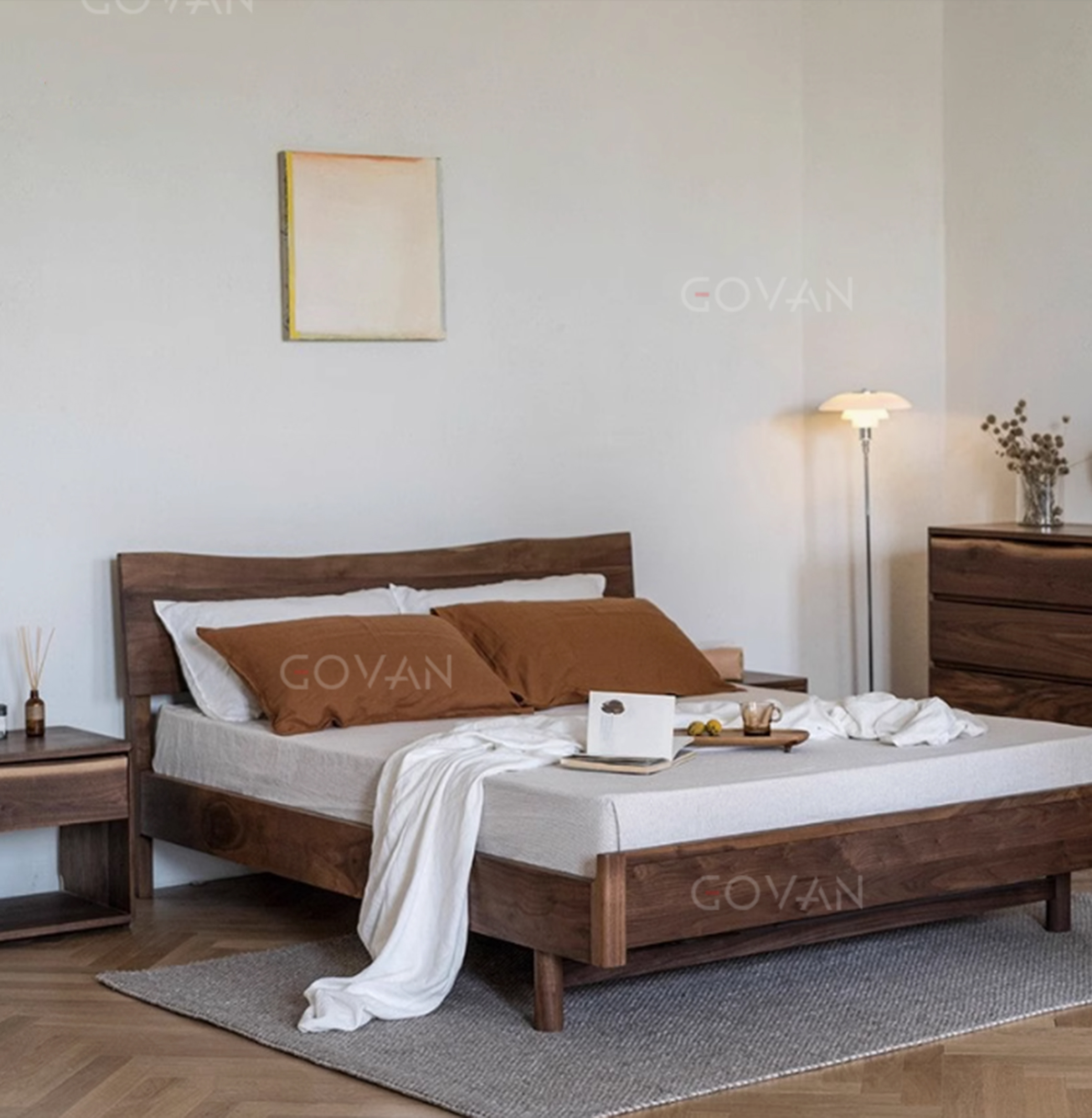 Wooden Furniture-Bed-Nordic Black Walnut Natural Edge Solid Wood Bed