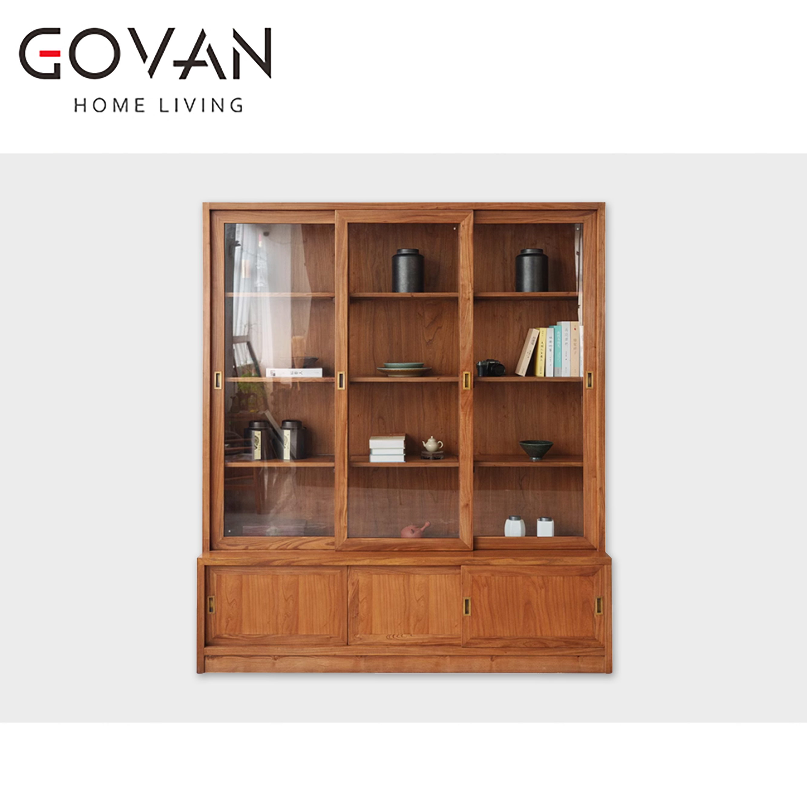 Wooden Furniture-Bookcase-Solid Wood Sliding Door Glass Bookcase