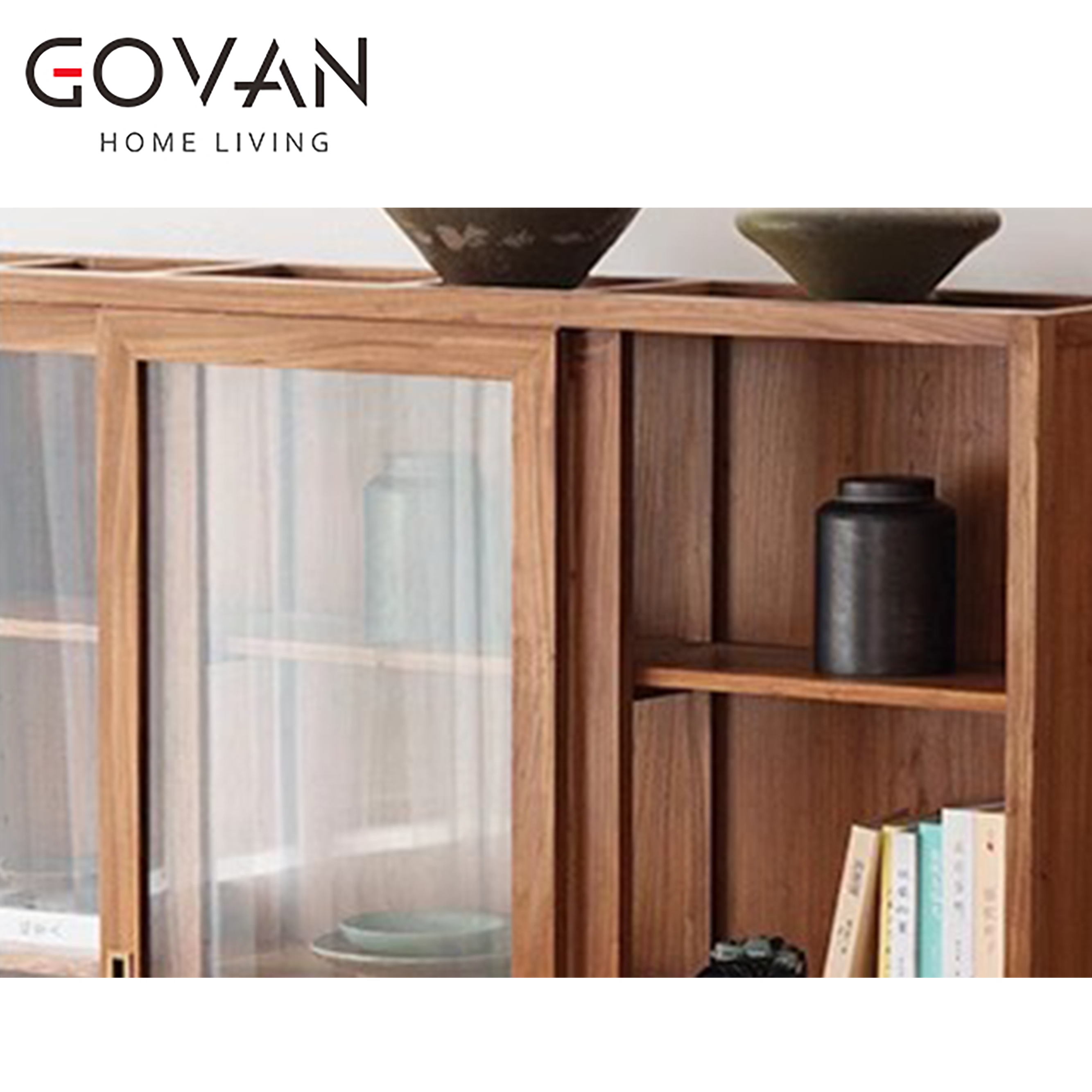 Wooden Furniture-Bookcase-Solid Wood Sliding Door Glass Bookcase